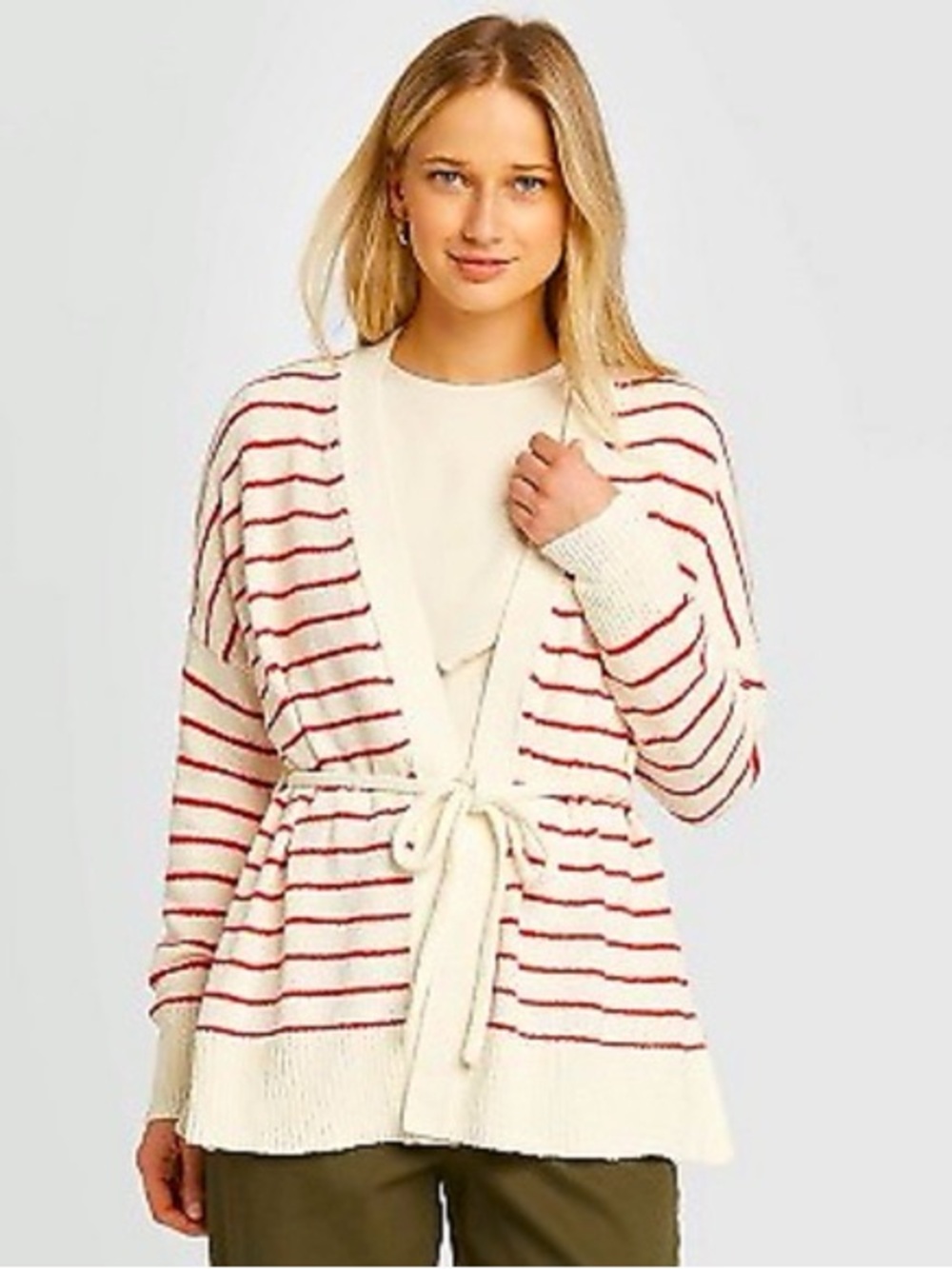 Who What Wear Cream Cardigan with Red Stripes and Tie Waist